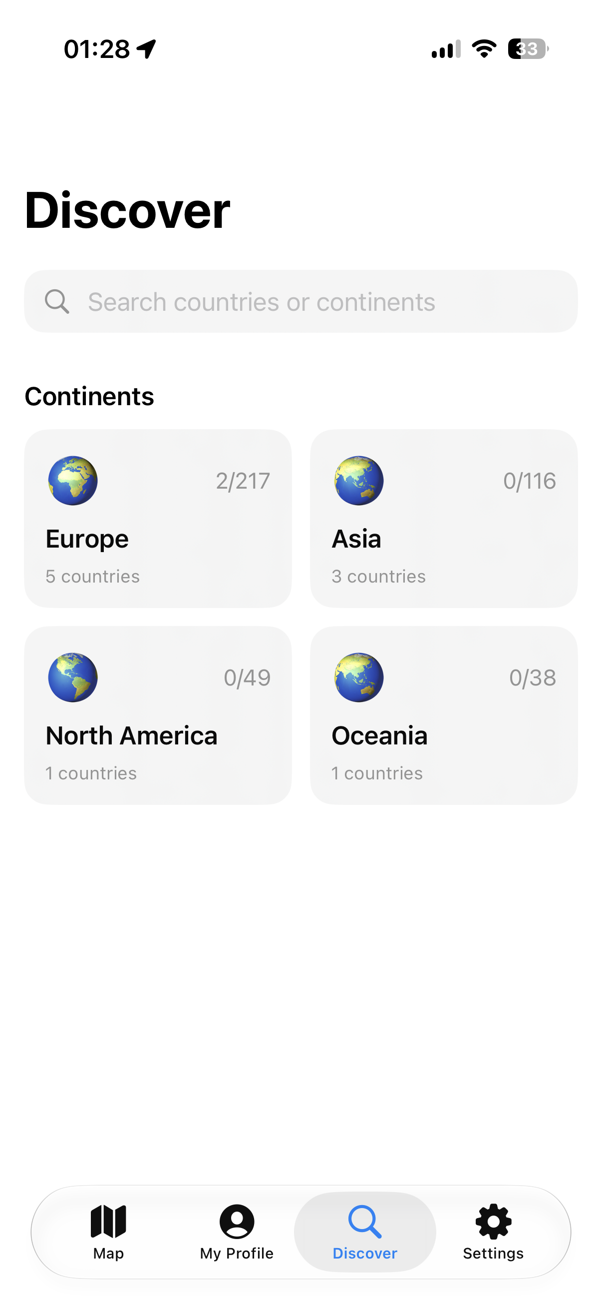 GlowingMap Discover continent progress screen