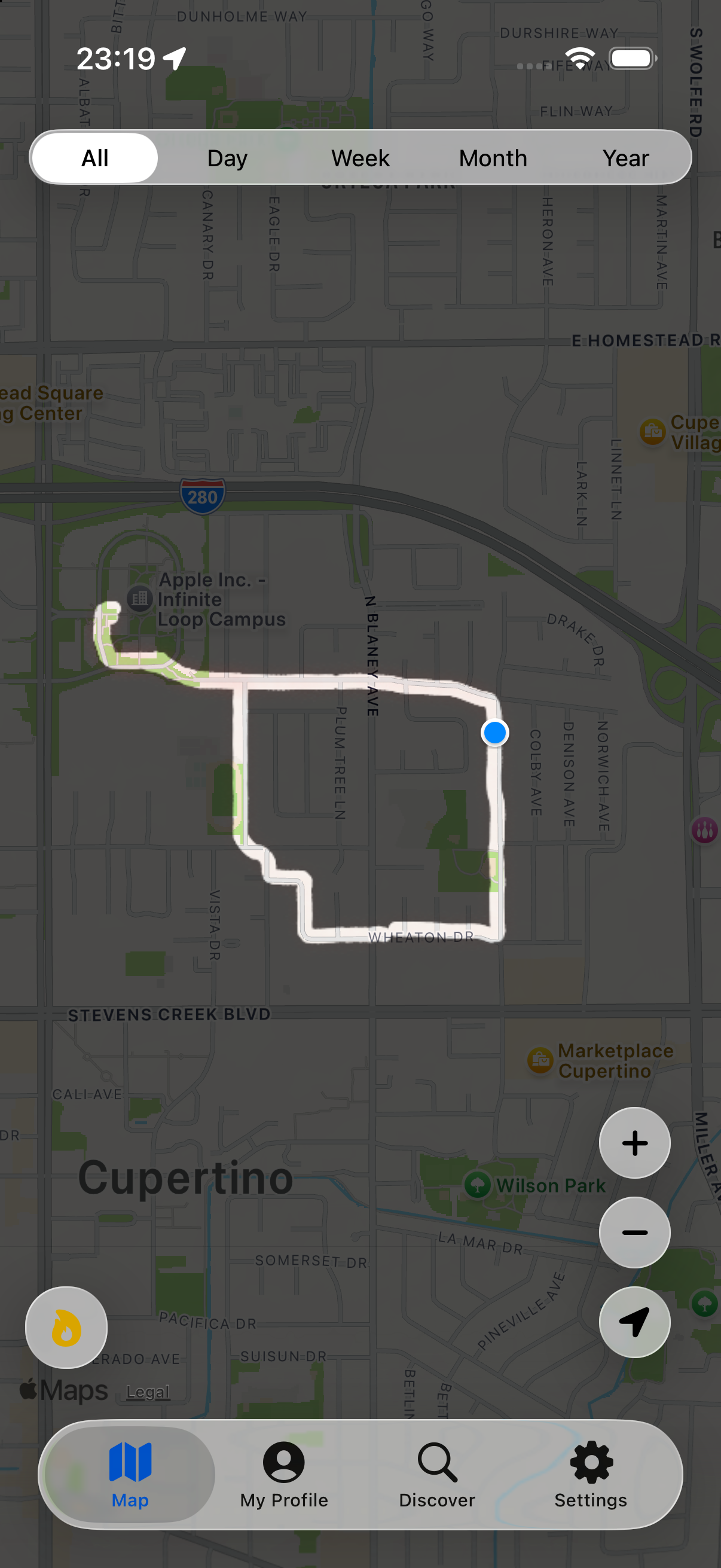 A GlowingMap route revealed on a dark map